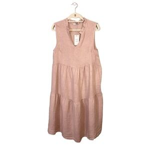 Le Ragazze Neutral Brown Linen Sleeveless V Neck Ruffle Tiered Dress Medium NWT